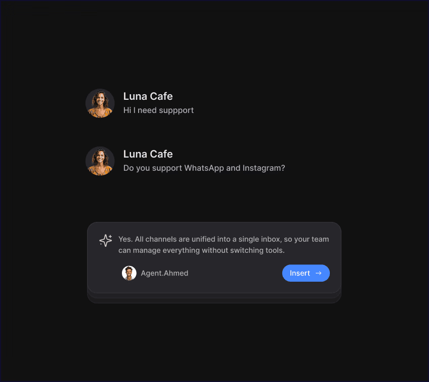 Customer chat with an AI-suggested reply card and an Insert button to use it instantly.