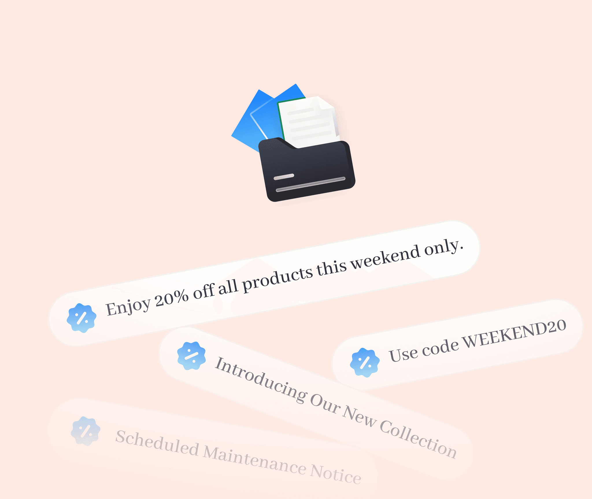 Promotional broadcast cards announcing a 25% weekend sale, new collection launch, and discount code.