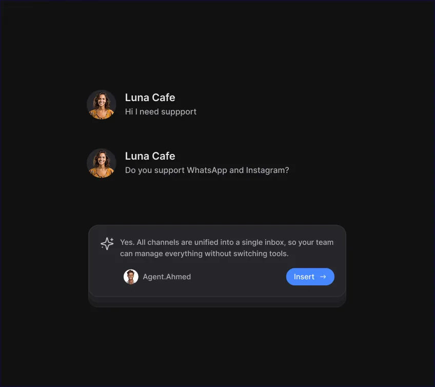 Customer chat with an AI-suggested reply card and an Insert button to use it instantly.