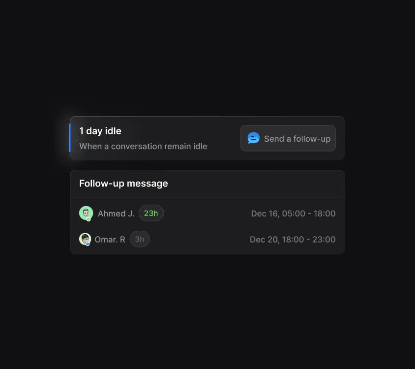 Idle-conversation rule with a Send a follow-up action and a queued follow-up message list.