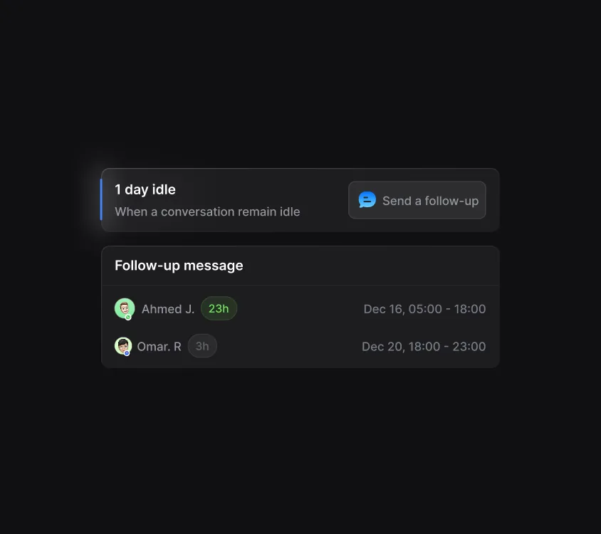 Idle-conversation rule with a Send a follow-up action and a queued follow-up message list.