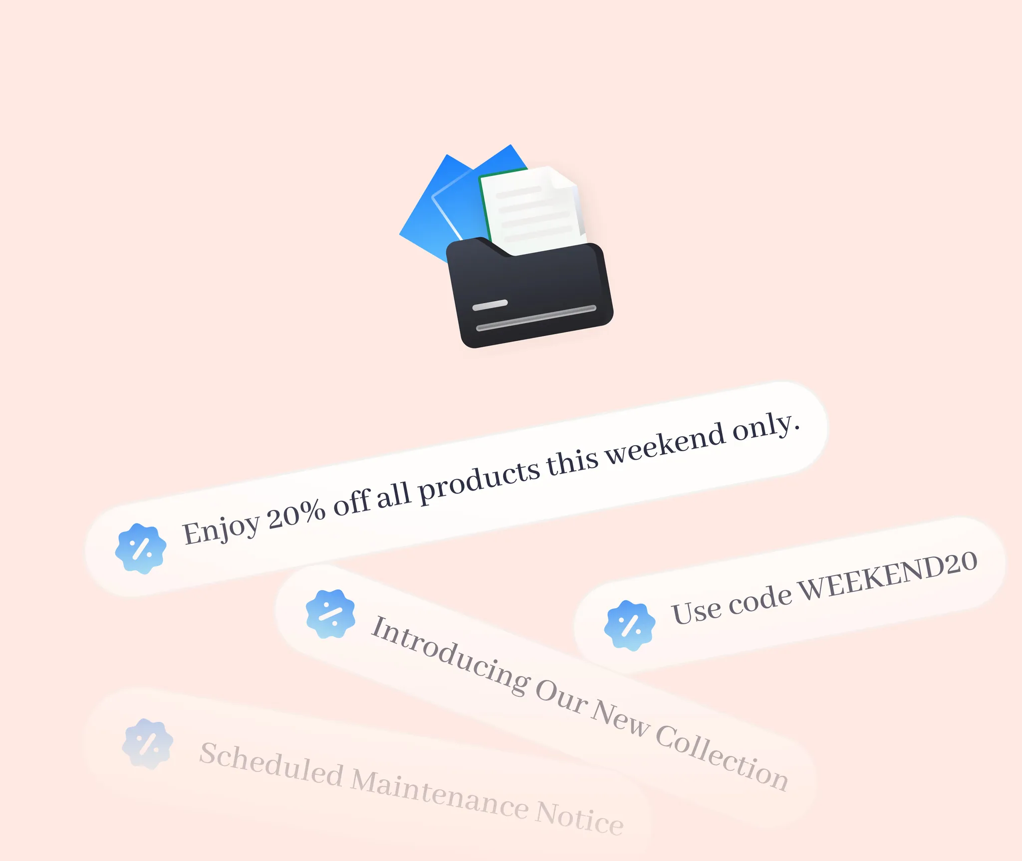 Promotional broadcast cards announcing a 25% weekend sale, new collection launch, and discount code.