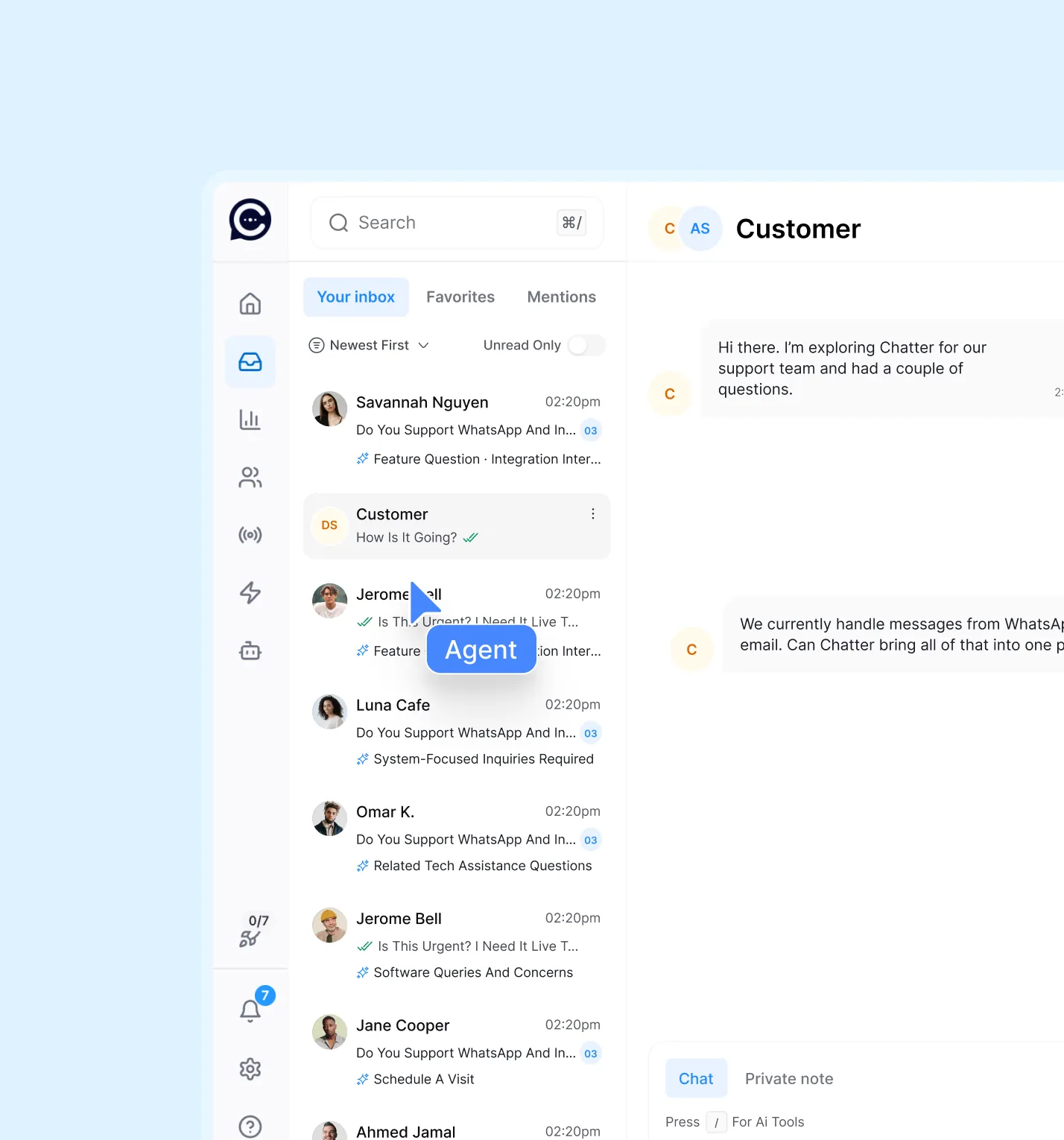 Chatter Unified Inbox: Bring messages from every channel into a single, organized inbox with clear ownership and full context.